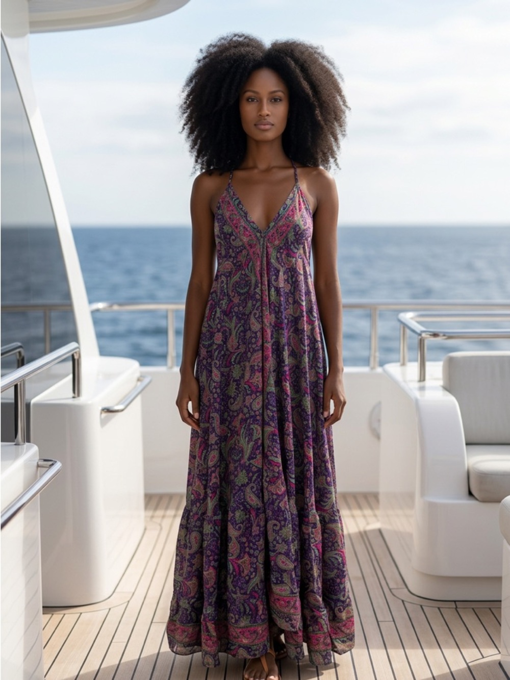 Flowing Purple Tie Silk Paisley Maxi Dress - Women